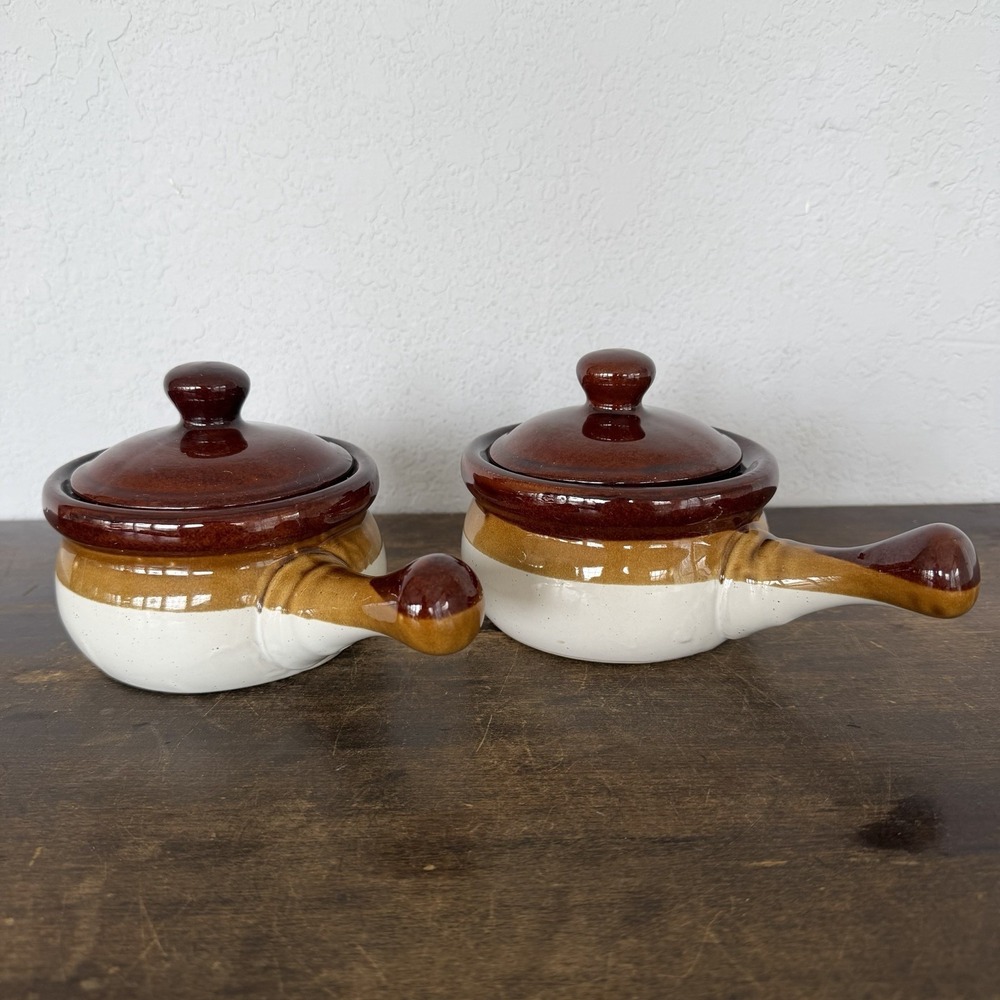 Vintage French Onion Soup Crocks Handled‎ Bowls with Lids Brown Glazed Set of 2